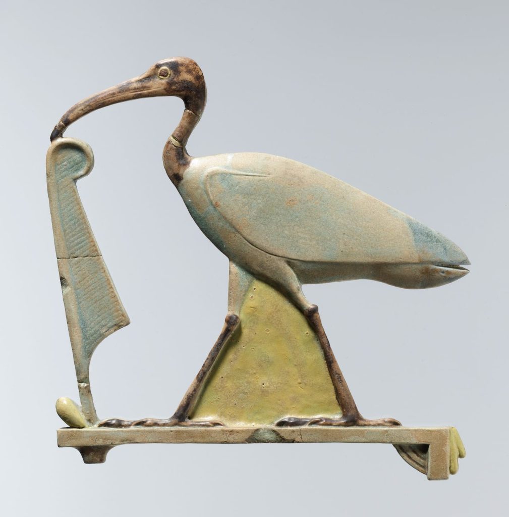 Inlay depicting Thoth as the ibis with a Maat feather | Late Period–Ptolemaic Period 